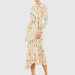 MAC DUGGAL 93627 LONG SLEEVE TEA LENGTH FLORAL BEADED NUDE/ GOLD MIDI DRESS 14